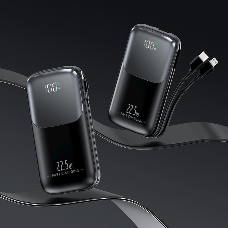 Portable 10000mAh Pocket Power Bank With 2 Cord PD 22.5W Fast Charging LED Display USB-C Output