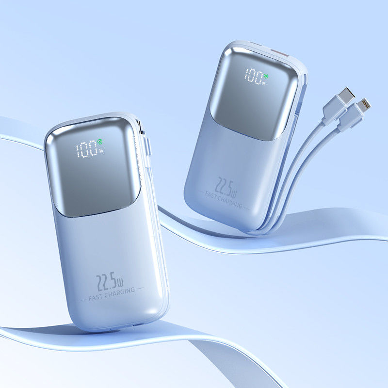 Portable 10000mAh Pocket Power Bank With 2 Cord PD 22.5W Fast Charging LED Display USB-C Output
