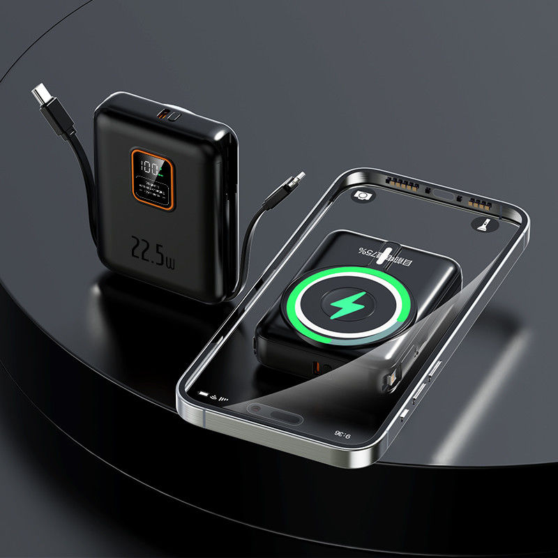 Built In Cables Fast Charging Portable 15W 10000 Mah Smart Wallet With Power Bank And Wireless Charger