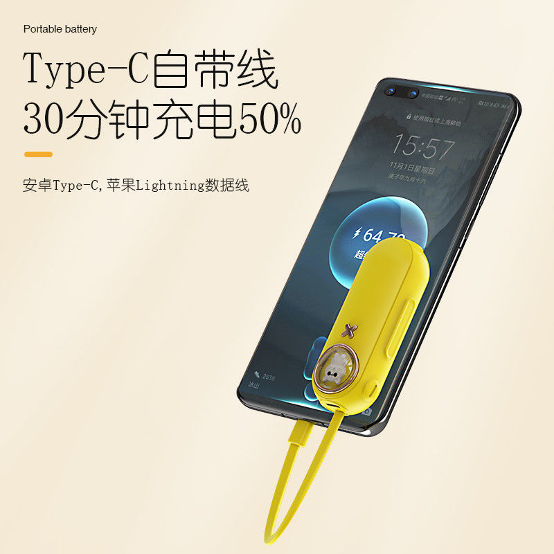 Portable 5000mAh Li-Polymer Battery Power Bank with Built-in Cable and USB Input